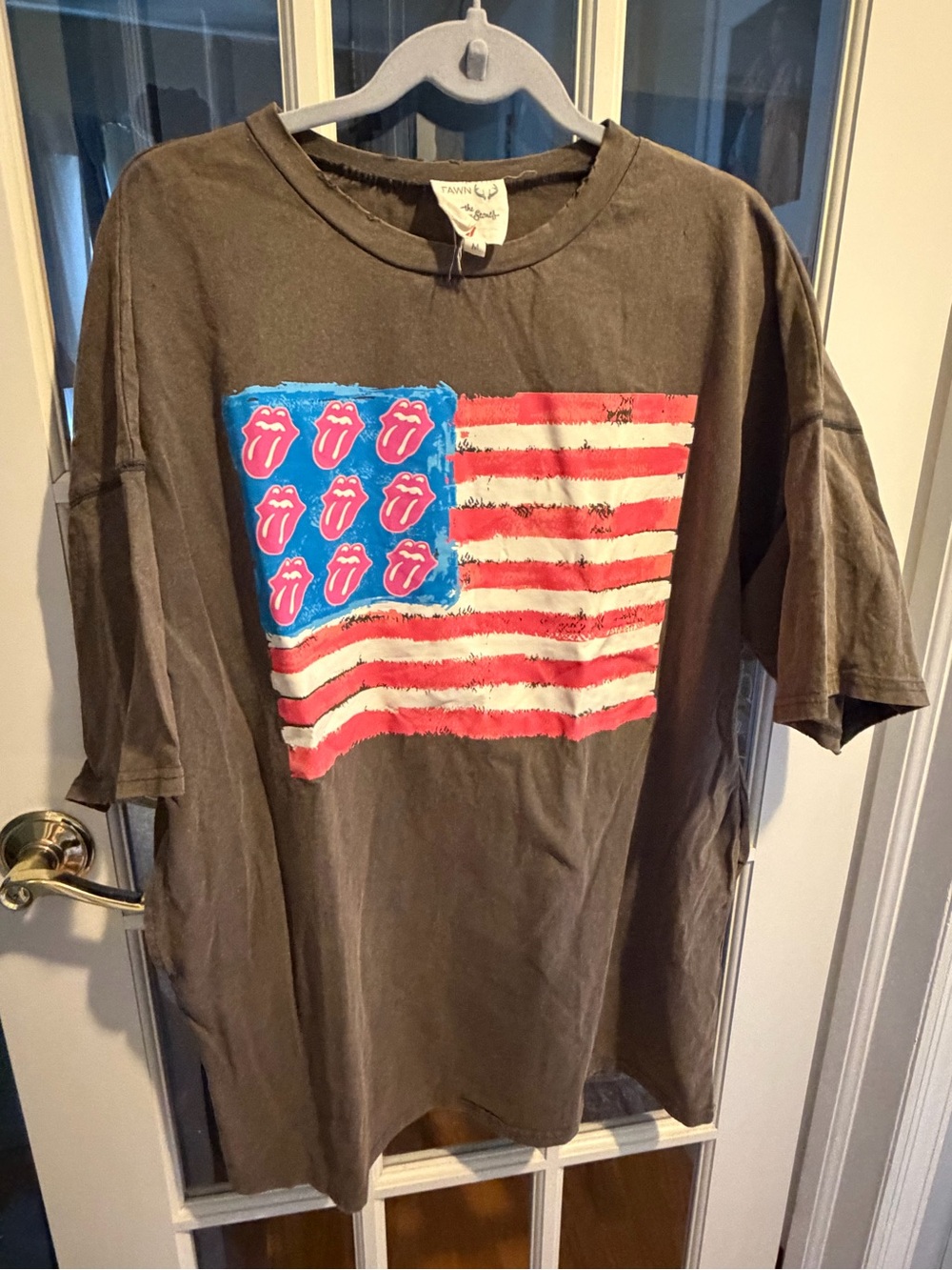 Fantastic Fawn Brown Tee with Red & Blue Flag Tongue Graphic